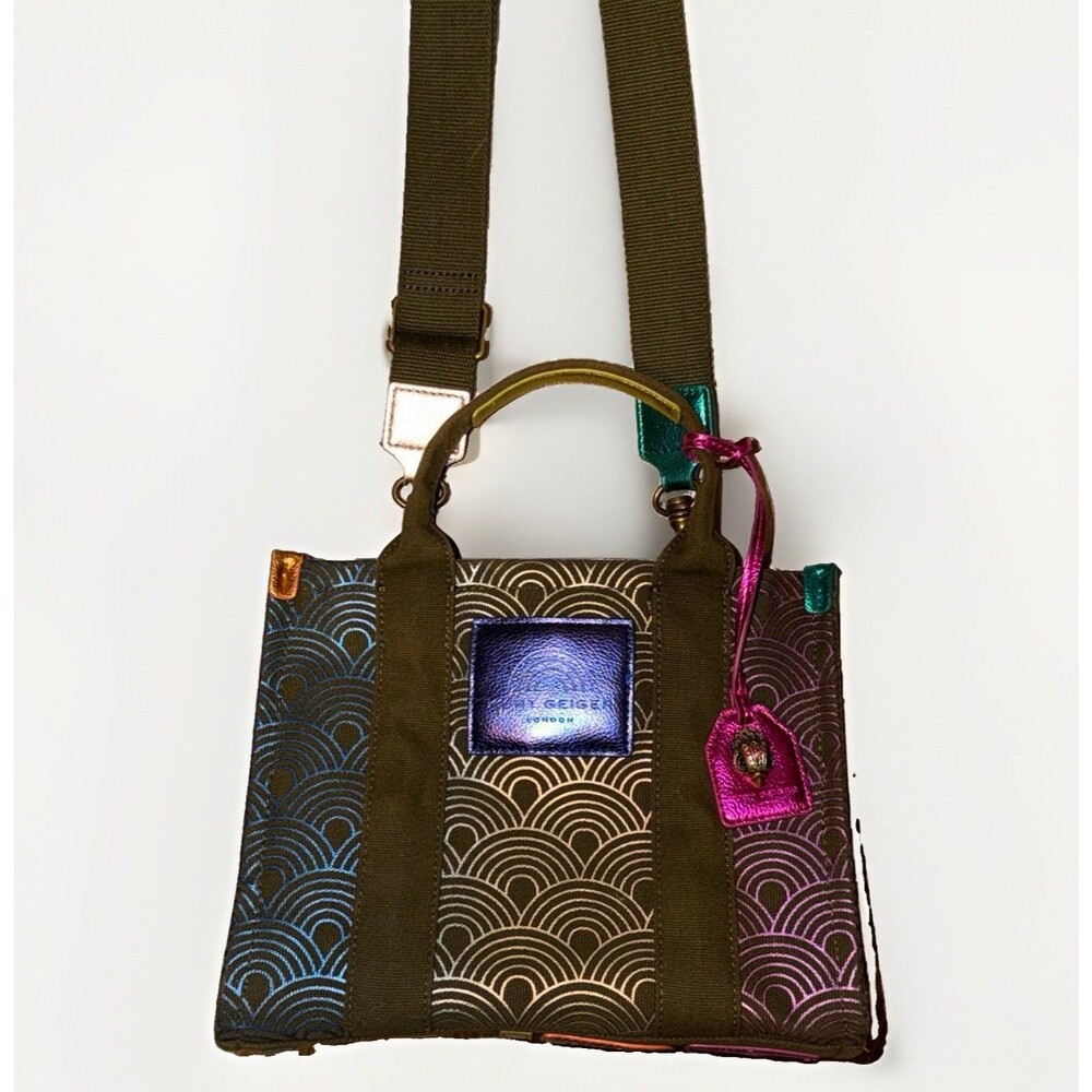 Kurt Geiger London Crossbody Tote Satchel Bag Metallic Logo Art Deco Print